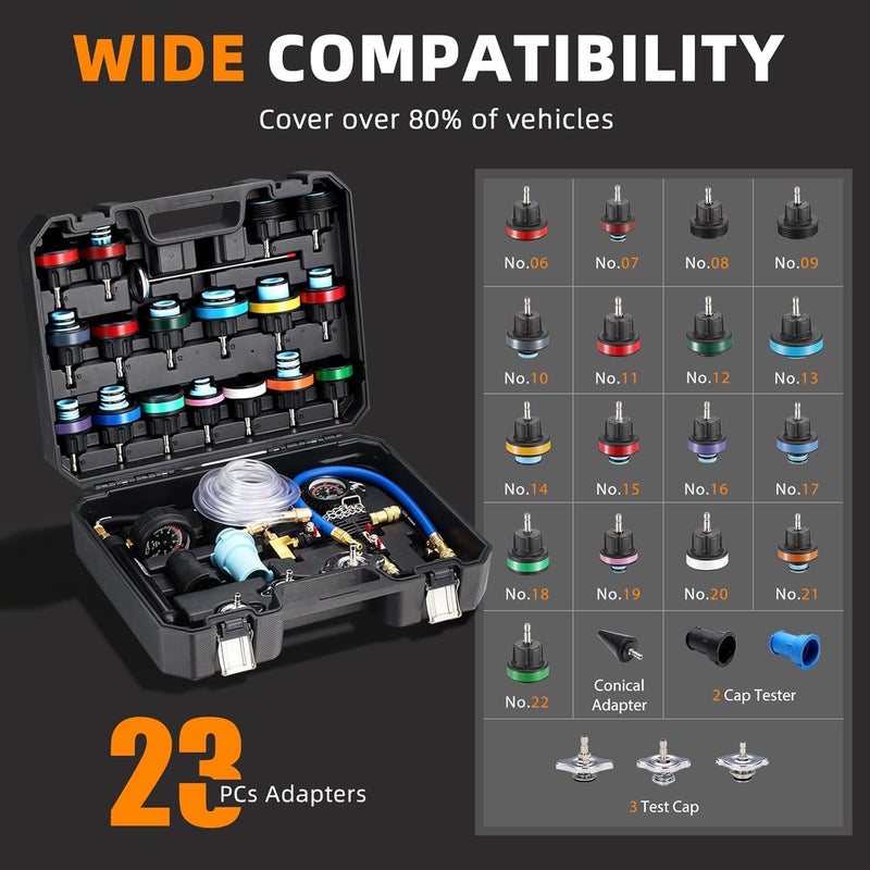 FOUR UNCLES Radiator & Coolant Pressure Tester and Vacuum Refill Kit - 28-Piece Universal Cooling System Leak Tester and Refiller for Cars Motorcycles Trucks (Black) - Image 2